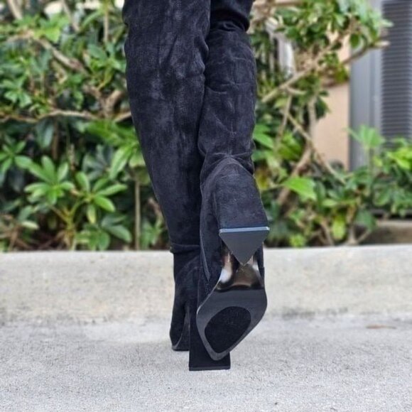 Women's Black Over The Knee pointed Chunky Block Heel Boots - Picture 6 of 6